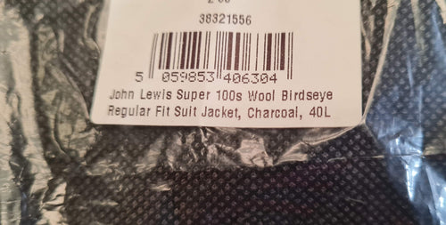 Super 100s Wool Birdseye Regular Fit Suit Jacket, Charcoal Size 40L