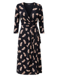Black V Neck Feather Print Wrap Midi Dress Size 12