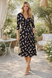 Black V Neck Feather Print Wrap Midi Dress Size 12