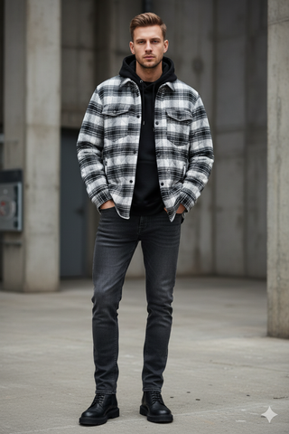 Quilted Plaid Shirt Jacket Black and White Shacket Size XL