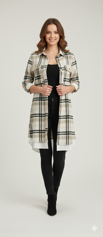 Long Plaid Overshirt Black– Beige-Green Size UK 10