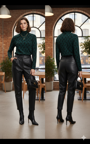 Women's Turtle Neck Phené Top 'Lolita Leopard Green Size S