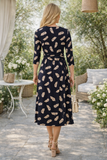 Black V Neck Feather Print Wrap Midi Dress Size 12