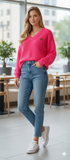 Oversize V-Neck Women's Sweater Fuchsia One Size