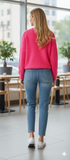 Oversize V-Neck Women's Sweater Fuchsia One Size