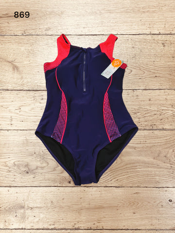 Womens Zip Front Athletic One Piece Swimsuit  Size S / UK 10