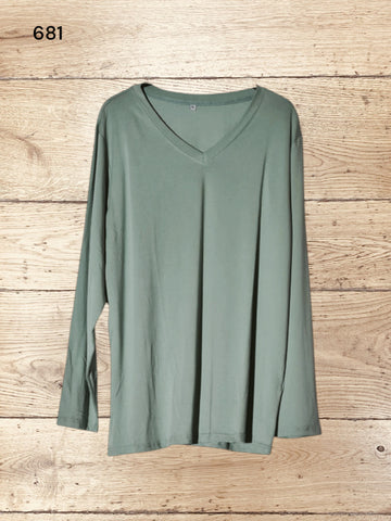 Womens Casual Plain T-Shirt V Neck Long Sleeve Top Size XL