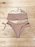 Women's Rib Knit Drawstring Side Bandeau Bikini Set High Cut  Size S