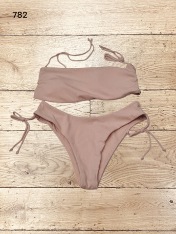 Women's Rib Knit Drawstring Side Bandeau Bikini Set High Cut  Size S