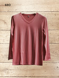 Womens Casual Plain T-Shirt V Neck Long Sleeve Top Size S