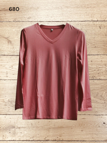 Womens Casual Plain T-Shirt V Neck Long Sleeve Top Size S