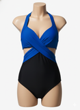 Women's Blue and Black One Piece V Neck Swimsuit