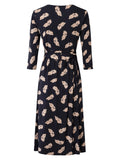 Black V Neck Feather Print Wrap Midi Dress Size 12