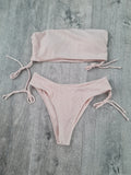 Women's Apricot Rib Knit Drawstring Bandeau Bikini Set S