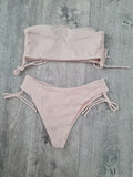 Women's Apricot Rib Knit Drawstring Bandeau Bikini Set S