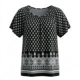 Women's Short Sleeve Border Print Top Black XL