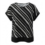 Women's Short Sleeve Diagonal Stripe Top Black & White 20