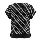 Women's Short Sleeve Diagonal Stripe Top Black & White 20