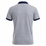 A short-sleeve polo shirt shown from the back, featuring horizontal navy and white stripes with solid navy trim on the collar and sleeve cuffs, set against a plain white background.
