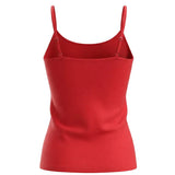 A red spaghetti-strap camisole tank top displayed on a ghost mannequin against a white background.