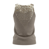 A sleeveless knit top in taupe brown with a large sequined embellishment across the chest and neckline in a matching metallic gold tone, shown against a plain white background.