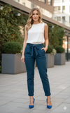 Women's Petrol Blue Tapered Trousers with Tie Belt Size 8