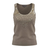 A taupe knit tank top with gold sequin embellishments forming a V-shape on the front and along the scoop neckline, shown against a white background.