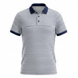 A short-sleeve polo shirt with horizontal navy and white stripes, featuring a solid navy blue collar and sleeve cuffs, displayed on a white background.