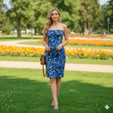 Women's Blue Floral Strapless Dress Size 14