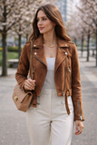 Women's Brown Cropped Biker Jacket Size UK 10 / L