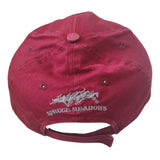 Red cap with embroidered logo and text on a white background