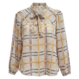 Pussy Bow Blouse Cream Mustard Plum M