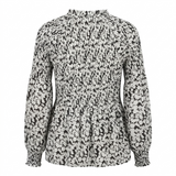 Smocked Floral Peplum Blouse Black White M