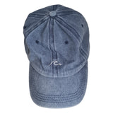 Blue denim cap with a logo on a white background