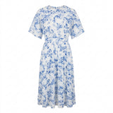 Women's Pleated Floral Midi Dress White Blue 4