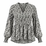 Smocked Floral Peplum Blouse Black White M
