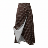Women's Polka Dot Midi A-Line Skirt Chocolate Brown L - Side Slit Detail