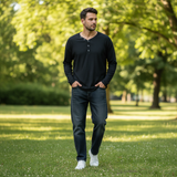 Men's Black Ribbed Henley Top - Lifestyle Park Shot