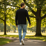 Men's Black Ribbed Henley Top - Lifestyle Back View Park