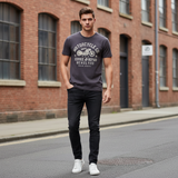 Cedar Wood State men's motorcycle graphic t-shirt charcoal worn front view