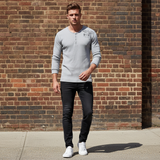Lee Cooper men's ribbed henley long sleeve top grey marl worn front view