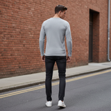 Lee Cooper men's ribbed henley long sleeve top grey marl worn back view 